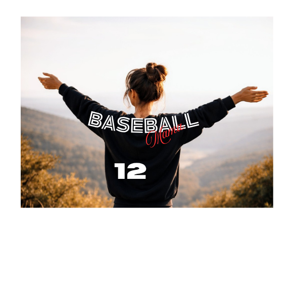 Person wearing a 'Baseball 12' jacket with arms outstretched on a scenic background