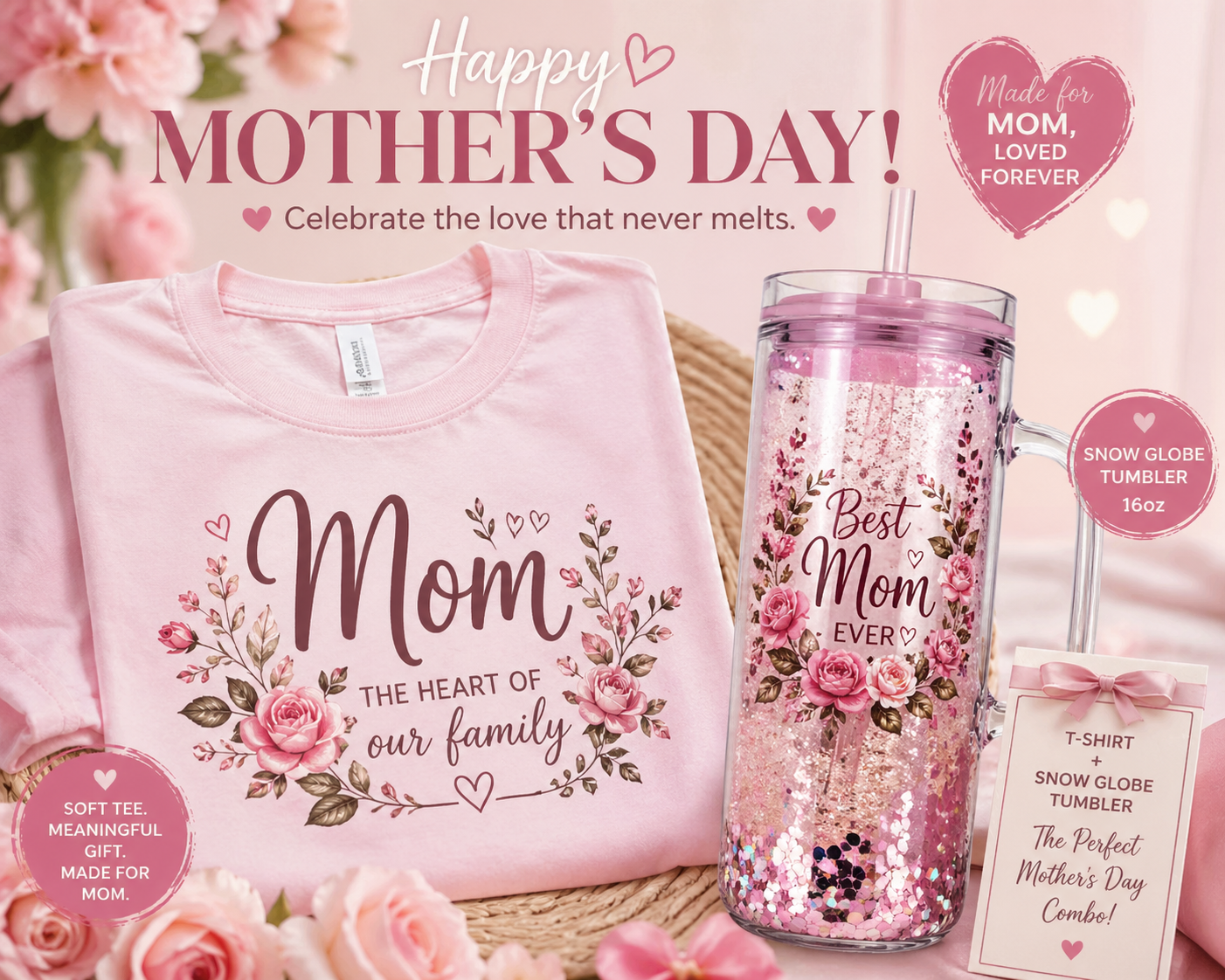 Mothers day shirt and 20 oz glass snow globe tumbler conbo