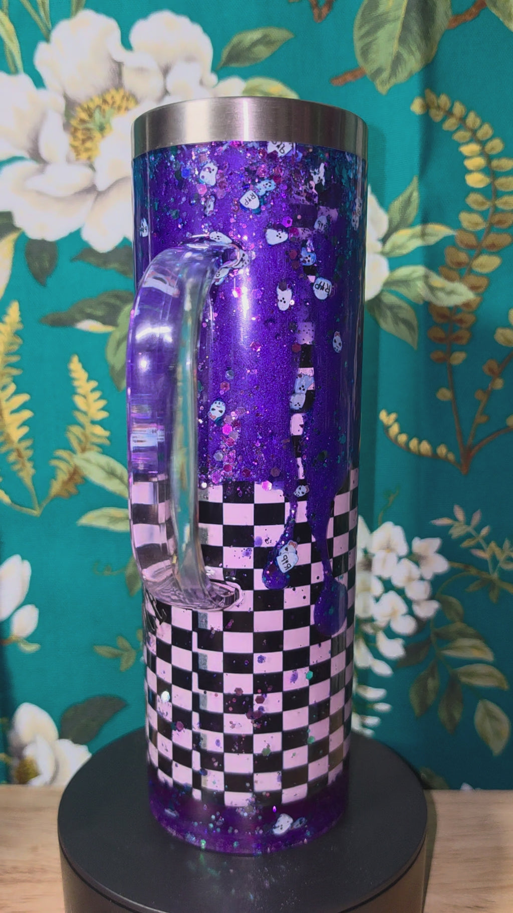 Whitch by nature, purple metallic and black and white checkerboard. 20oz snowglobe tumbler