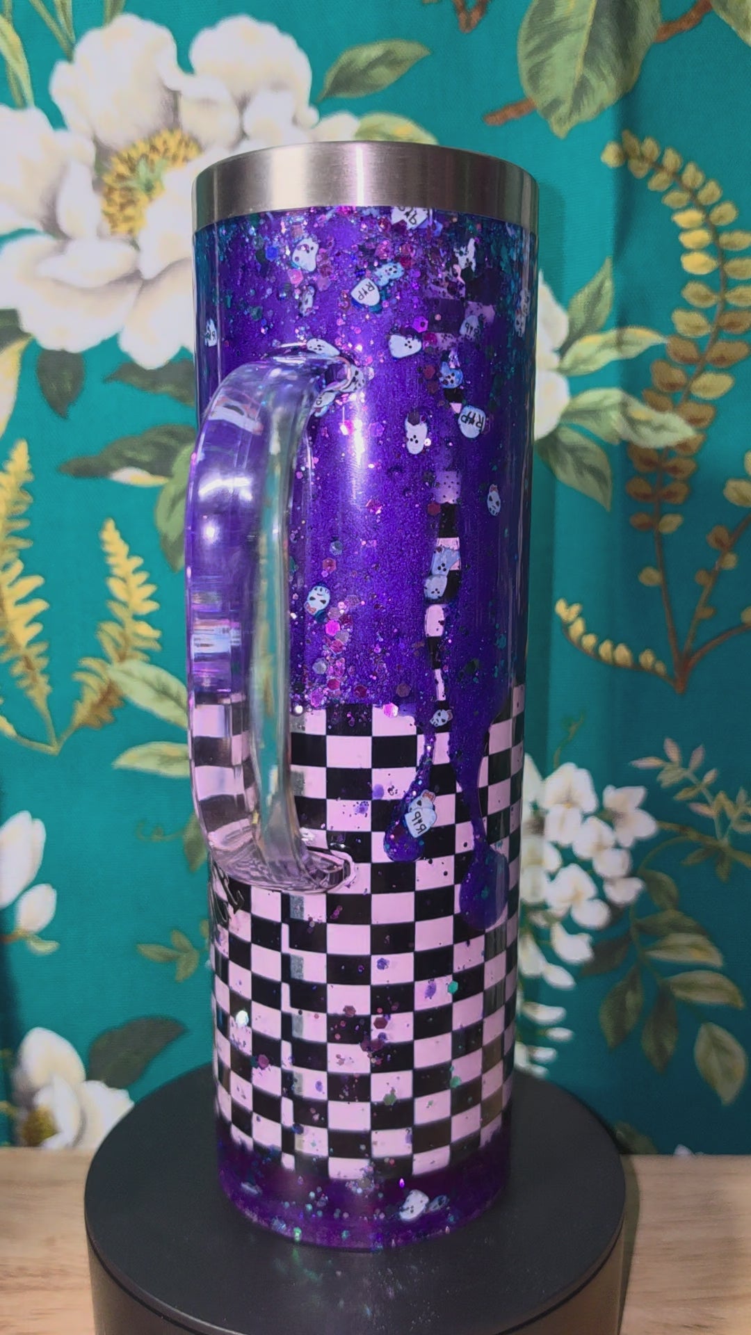 Whitch by nature, purple metallic and black and white checkerboard. 20oz snowglobe tumbler
