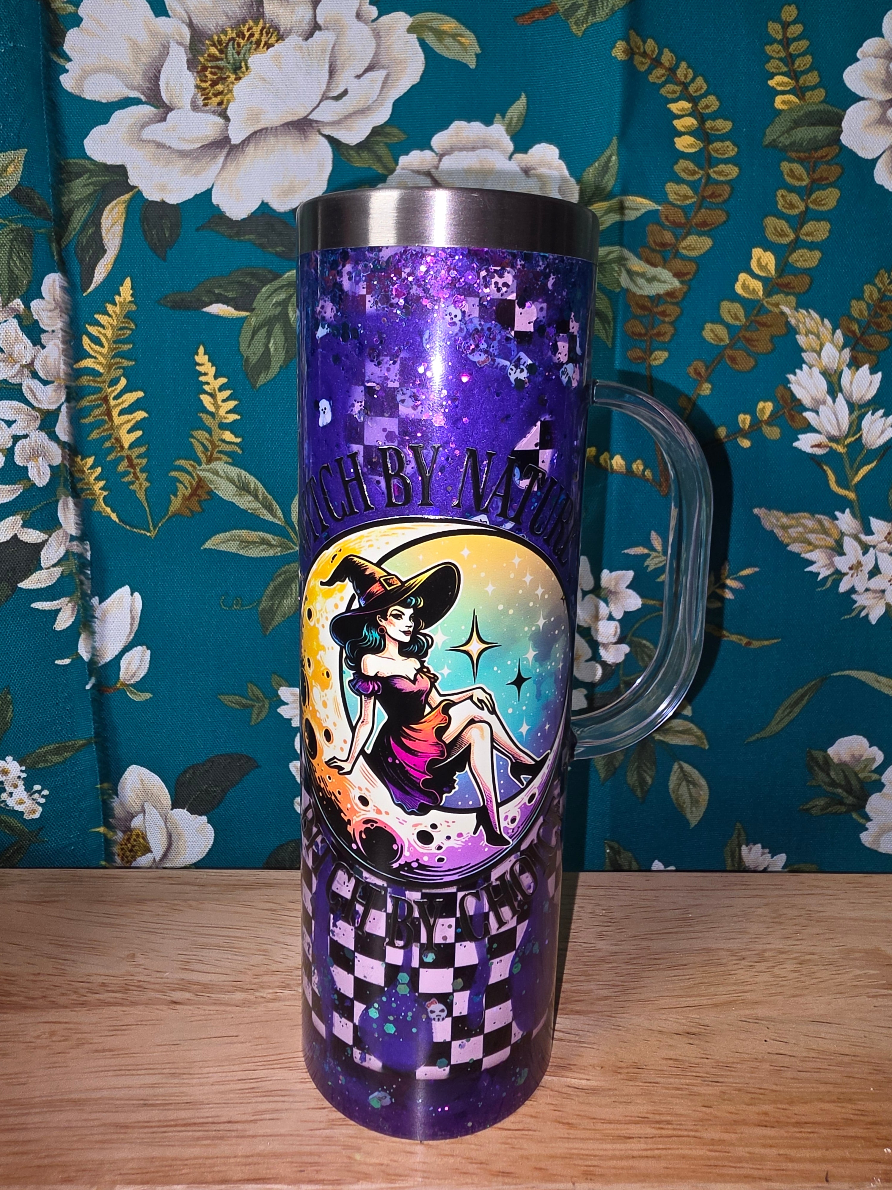 Whitch by nature, purple metallic and black and white checkerboard. 20oz snowglobe tumbler