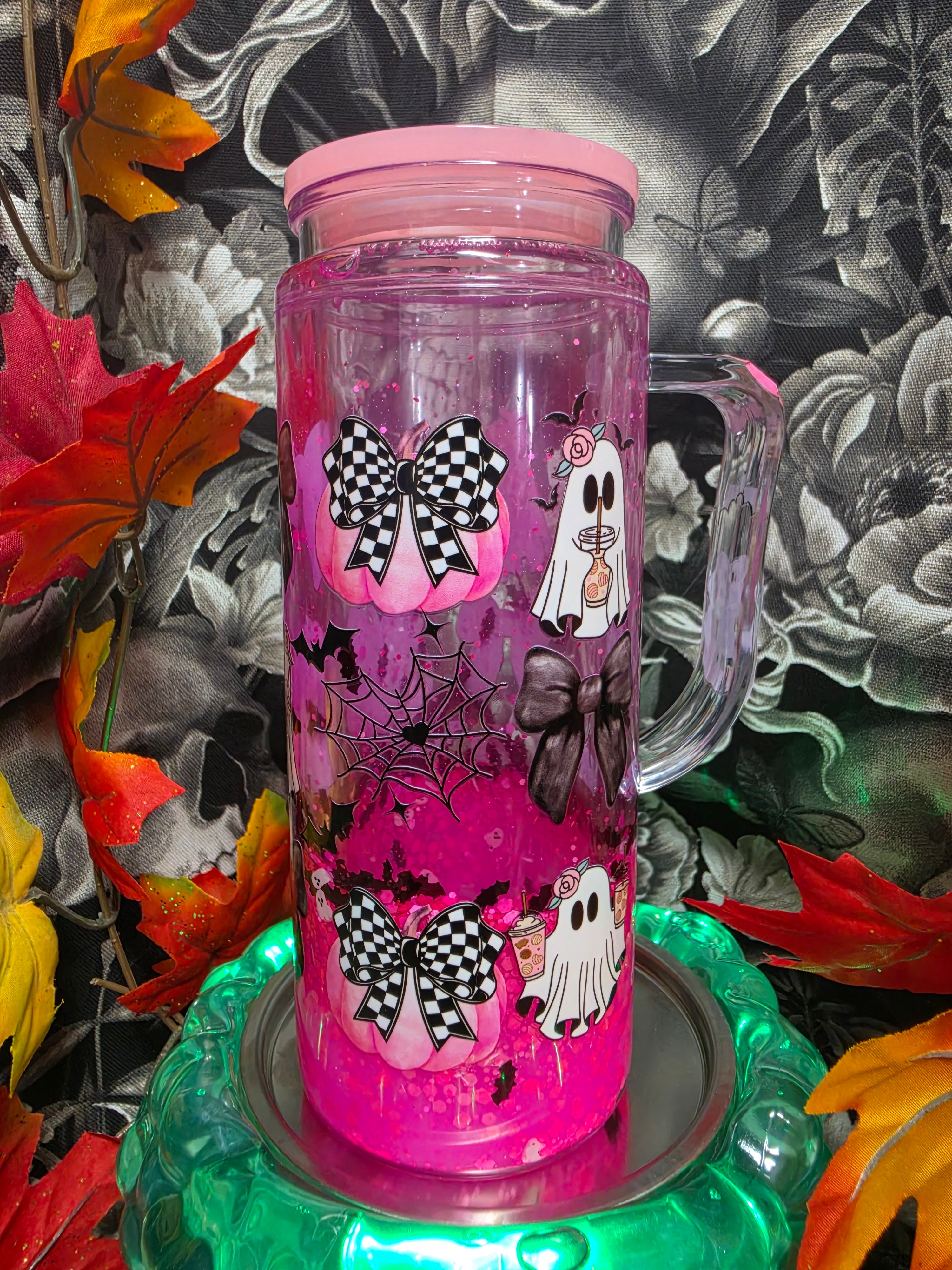 Hot Pink pumpkins and ghosts 20  oz snow globe Tumbler
