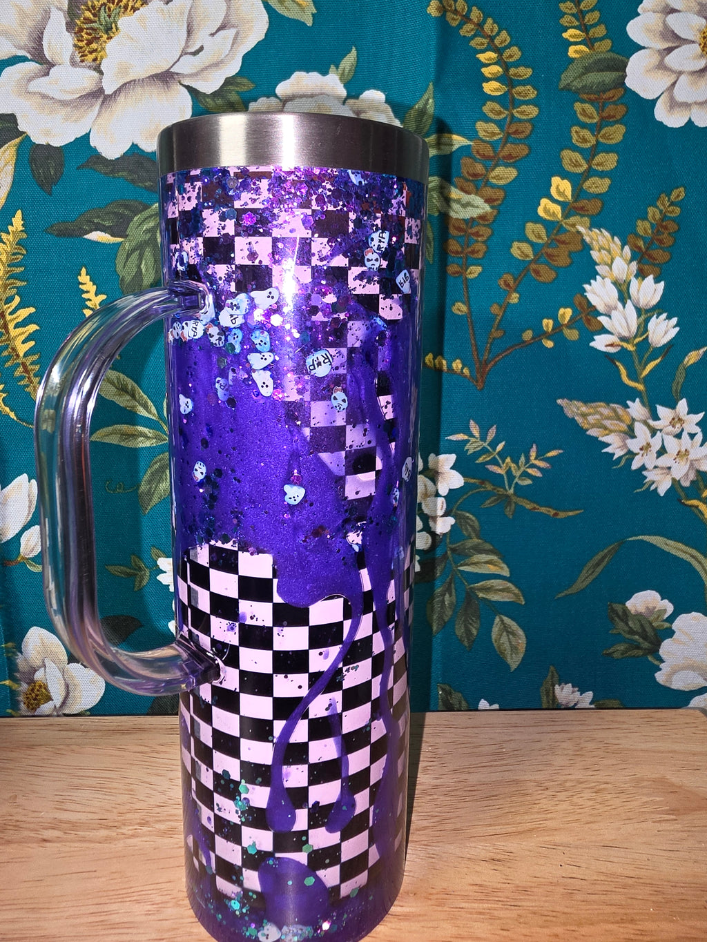 Whitch by nature, purple metallic and black and white checkerboard. 20oz snowglobe tumbler