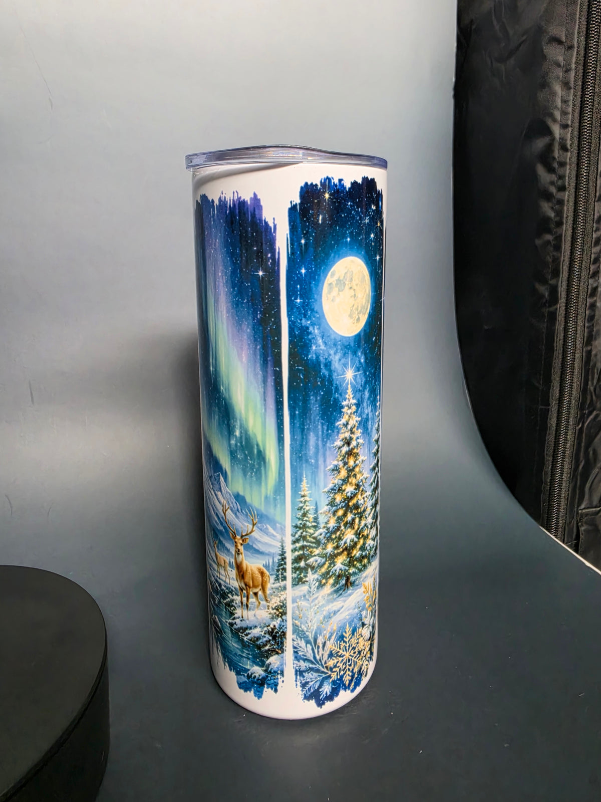 20oz white wolf family w/ northern lights stainless tumbler