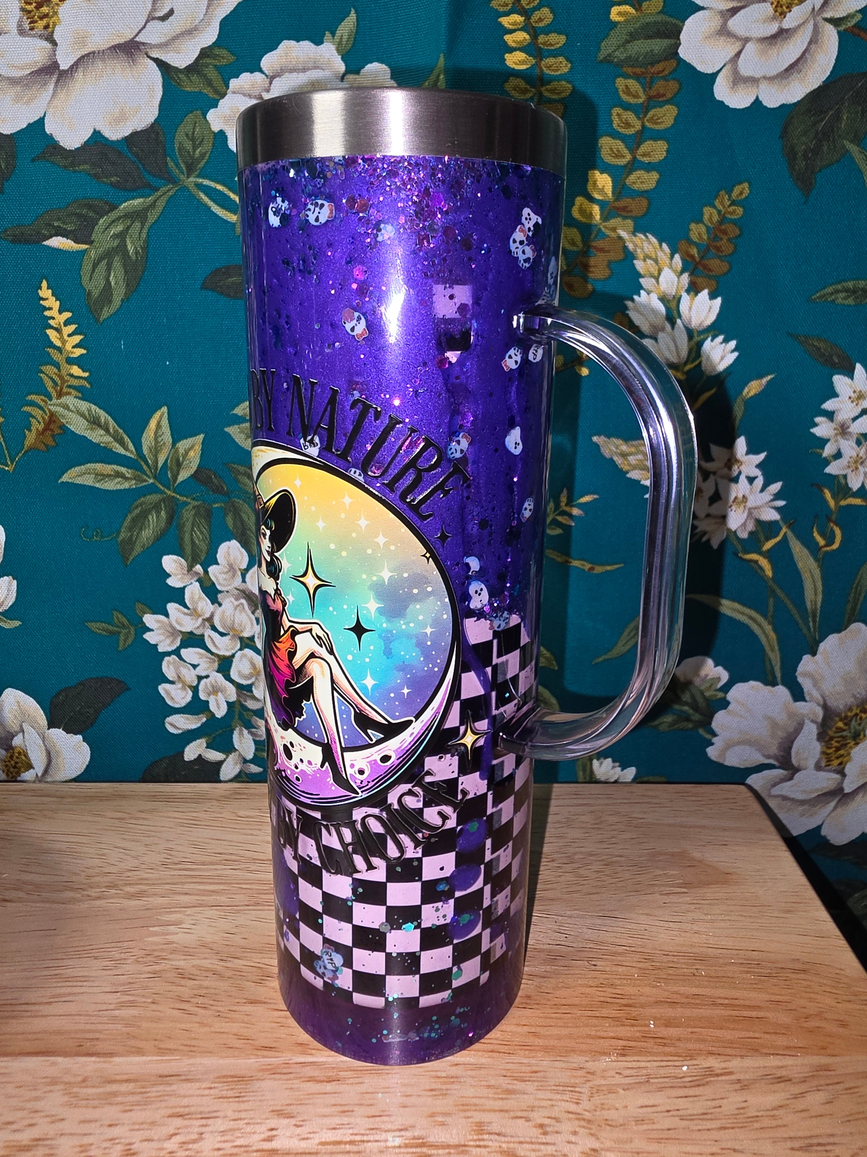 Whitch by nature, purple metallic and black and white checkerboard. 20oz snowglobe tumbler