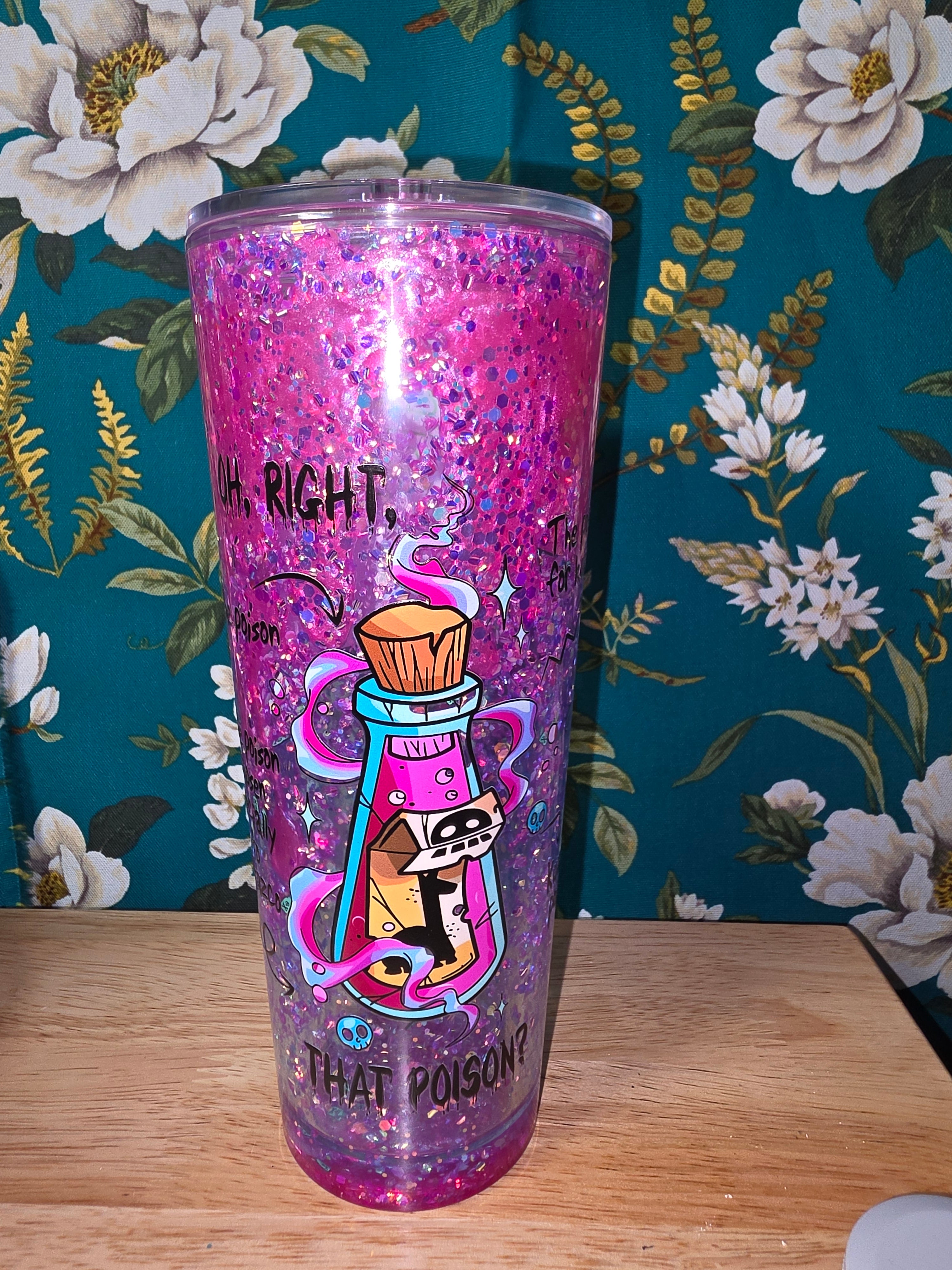 Glow in the dark poison with pink lava and colorful glitter. 20oz snowglobe tumbler