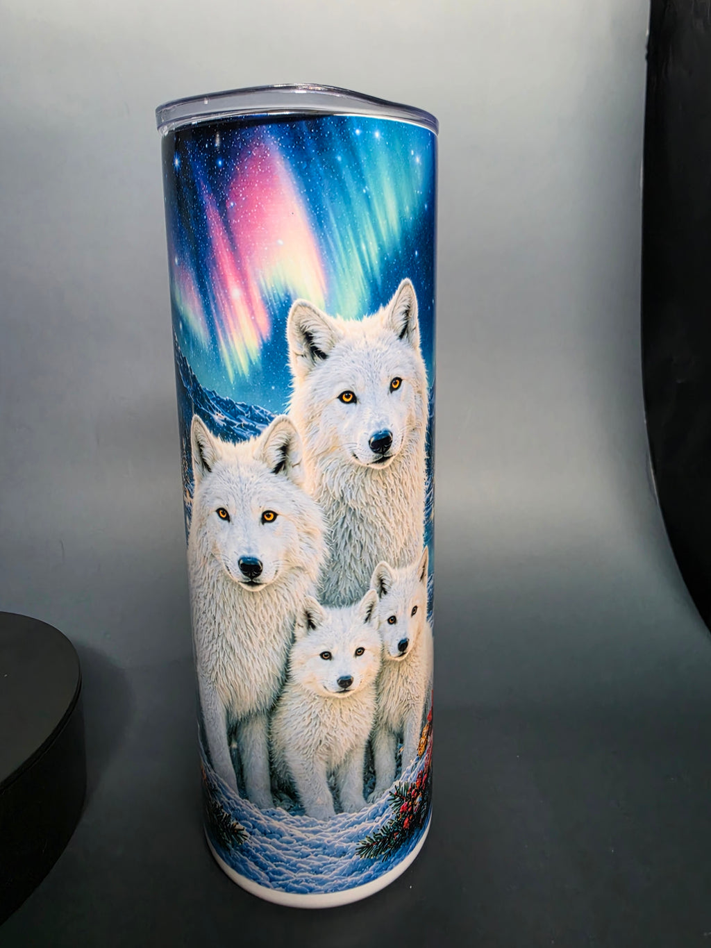 20oz white wolf family w/ northern lights stainless tumbler