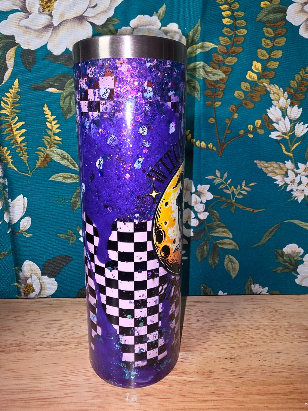 Whitch by nature, purple metallic and black and white checkerboard. 20oz snowglobe tumbler