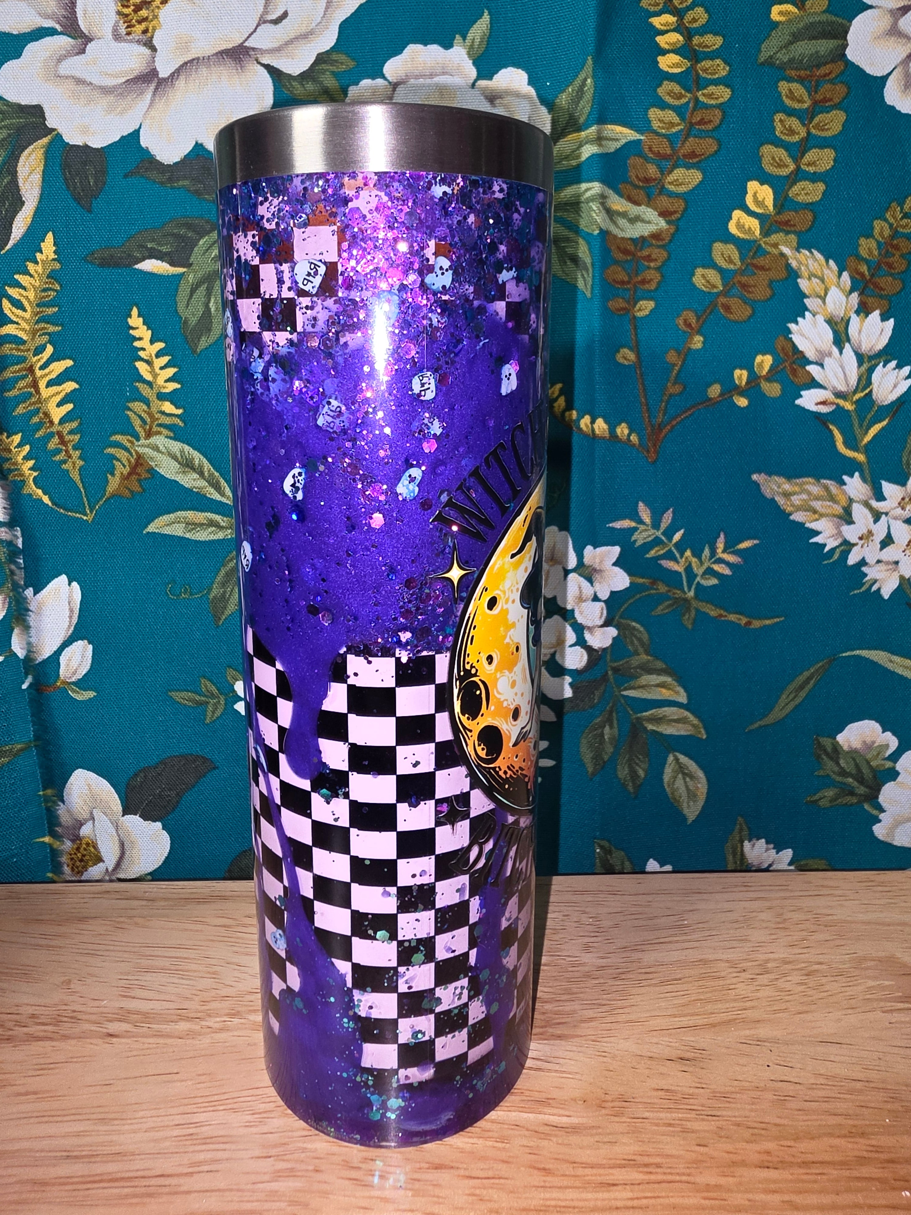 Whitch by nature, purple metallic and black and white checkerboard. 20oz snowglobe tumbler