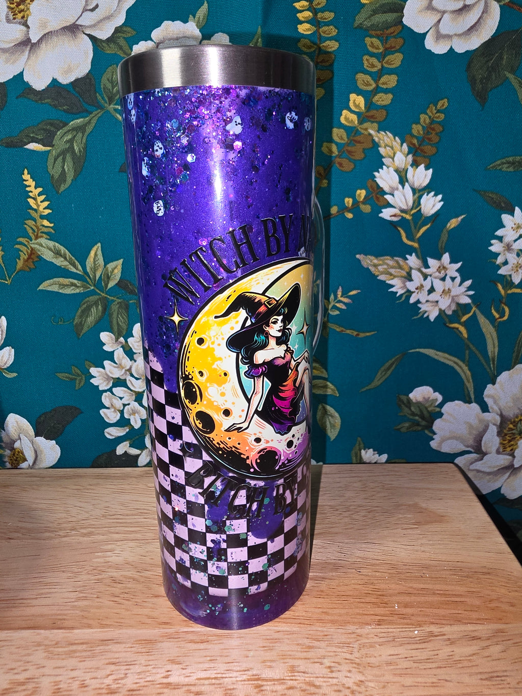 Whitch by nature, purple metallic and black and white checkerboard. 20oz snowglobe tumbler