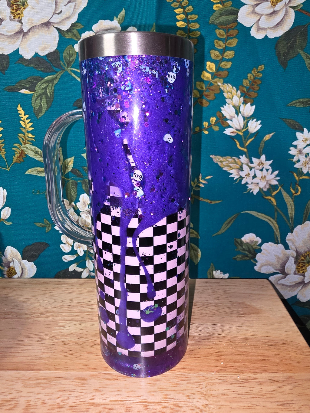 Whitch by nature, purple metallic and black and white checkerboard. 20oz snowglobe tumbler