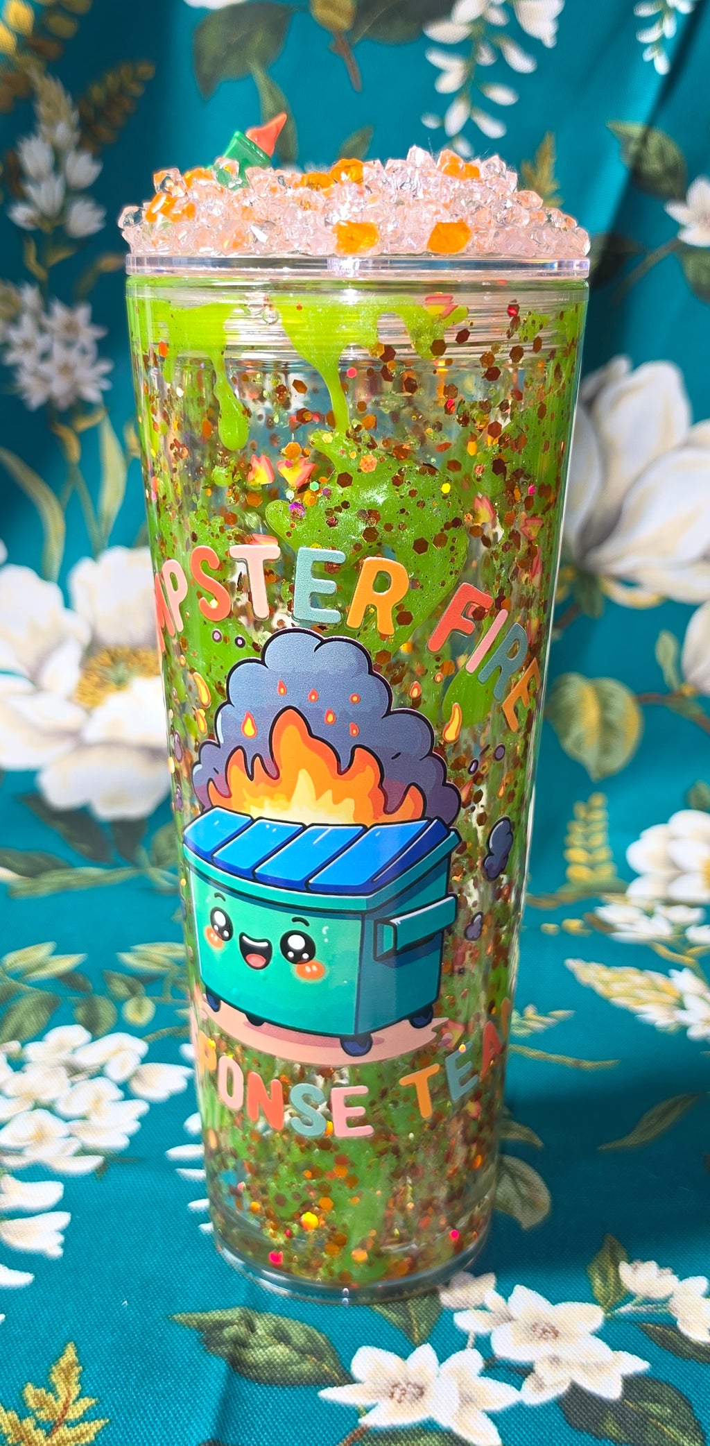 24 oz dumpster fire snowglobe tumbler