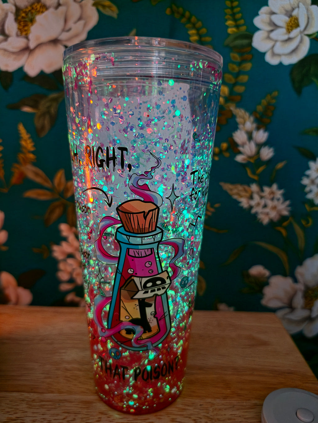 Glow in the dark poison with pink lava and colorful glitter. 20oz snowglobe tumbler