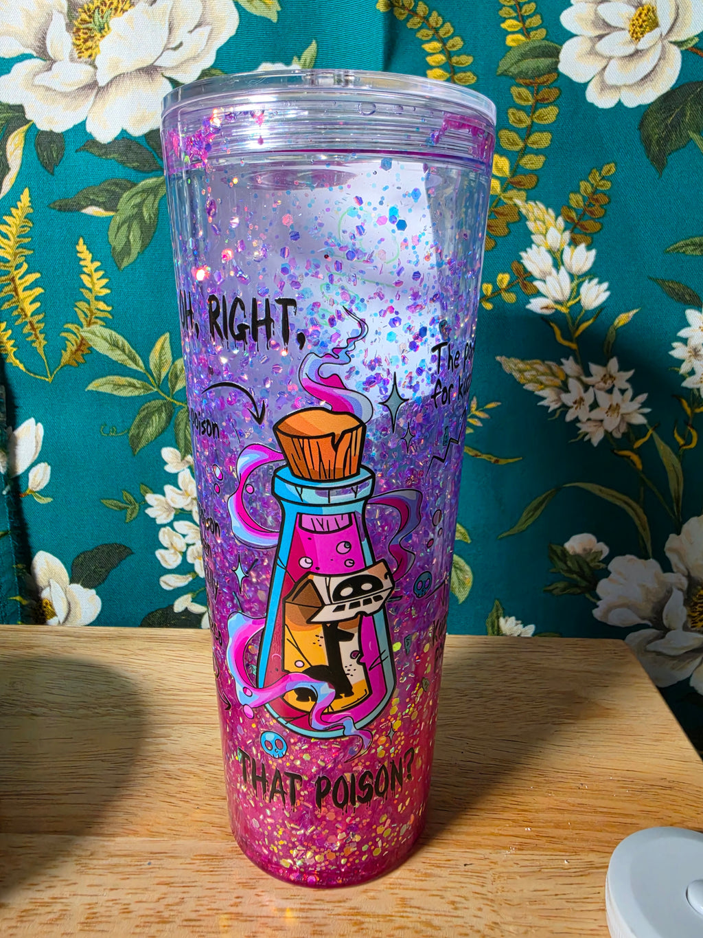 Glow in the dark poison with pink lava and colorful glitter. 20oz snowglobe tumbler